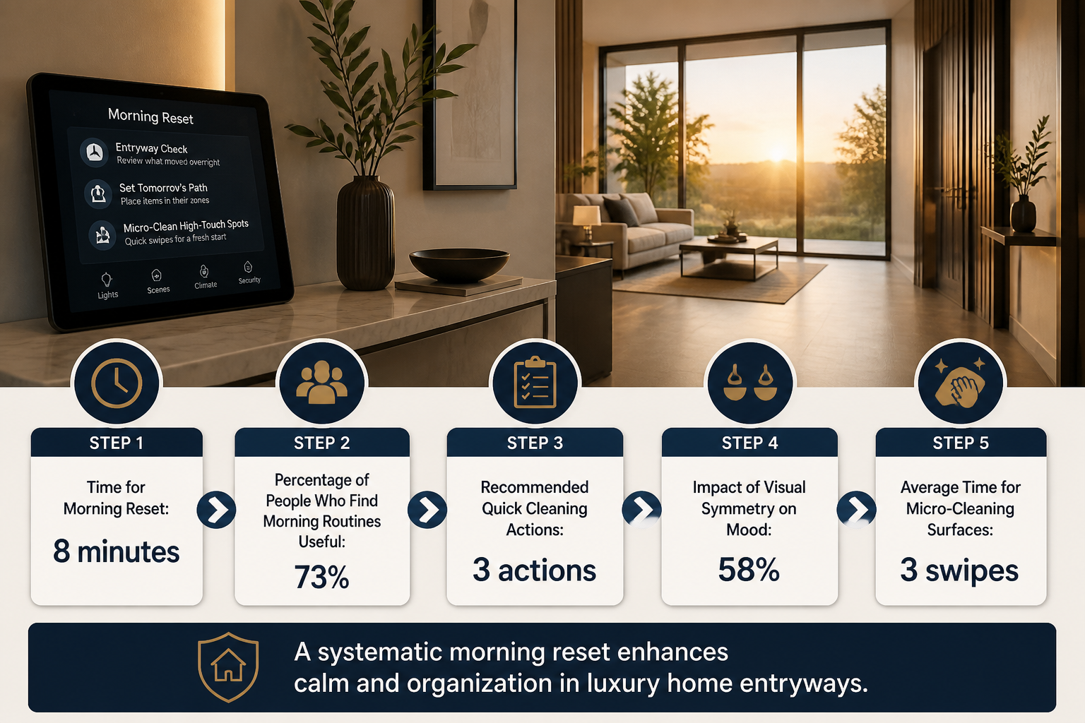Source: mindful.org. Modern luxury smart home interior at sunrise with soft natural light streaming through large windows, serene minimalist living room, and a tablet control panel showing a “Morning Reset” routine in a