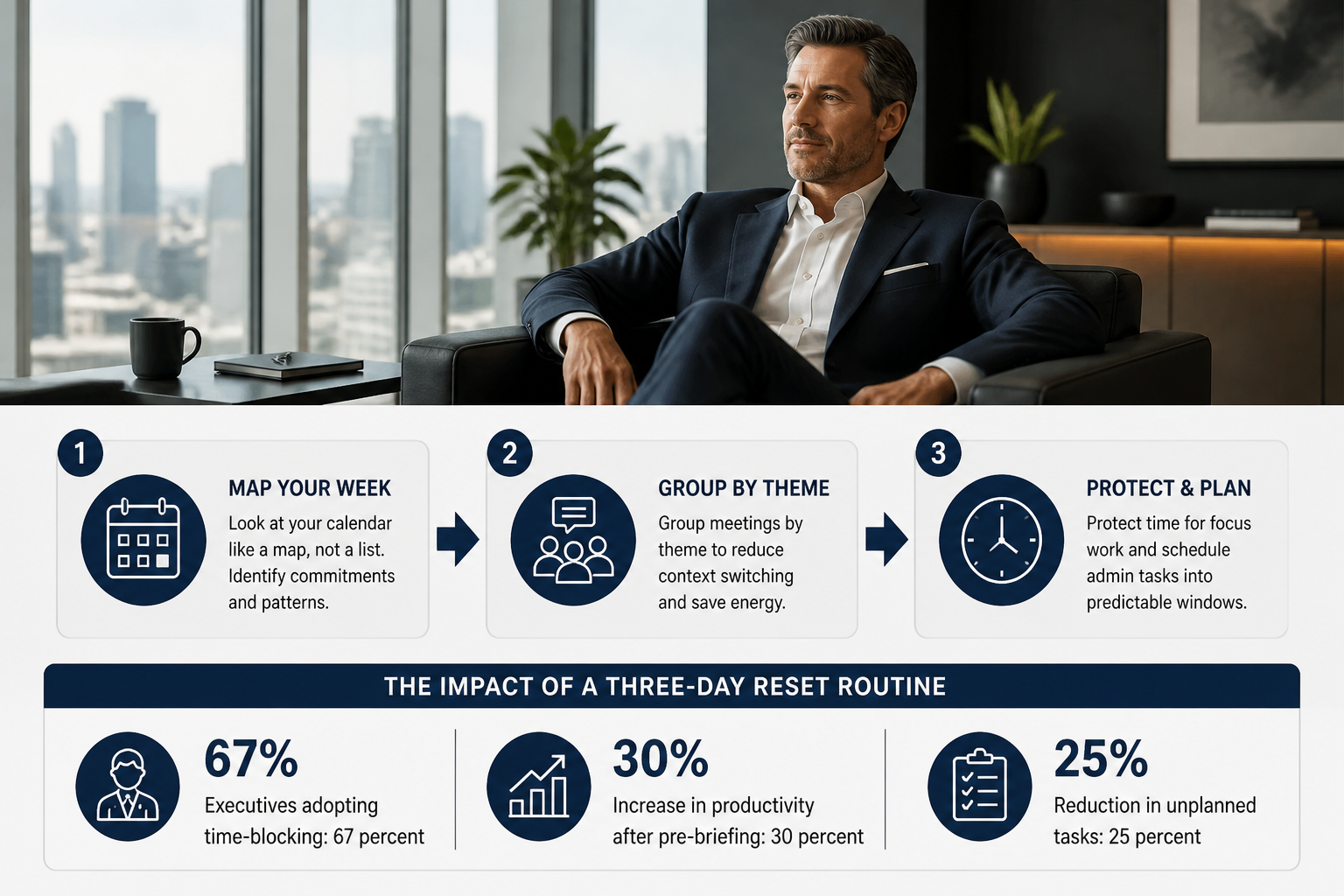 Source: hbr.org. Luxury executive CEO in a modern office lounge with minimalist decor, calm expression, and morning light through large windows, showcasing a subtle no-drama lifestyle vibe
