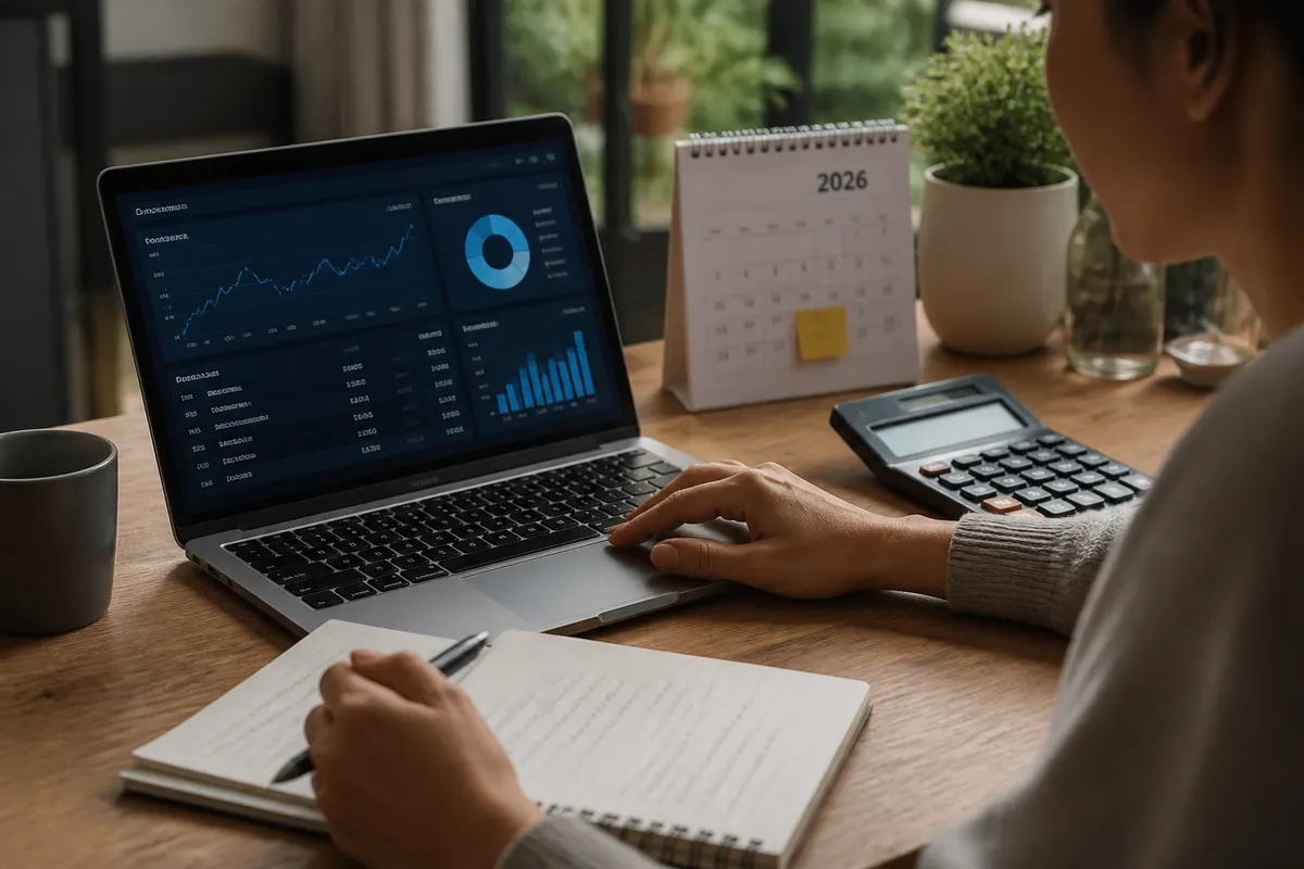 Person reviewing a financial dashboard on a laptop with charts and a calendar marked 2026, with a notebook and calculator on the desk, illustrating wealth readiness and budget planning for 2026
