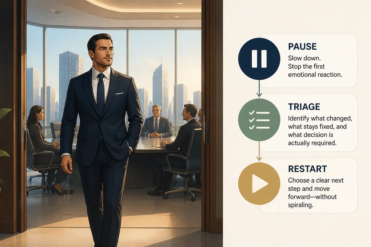 Luxury executive leadership scene of a well-dressed CEO confidently entering a modern high-end boardroom with a calm composed demeanor, warm natural light, tasteful suit, and a subtle city skyline view in a photographic