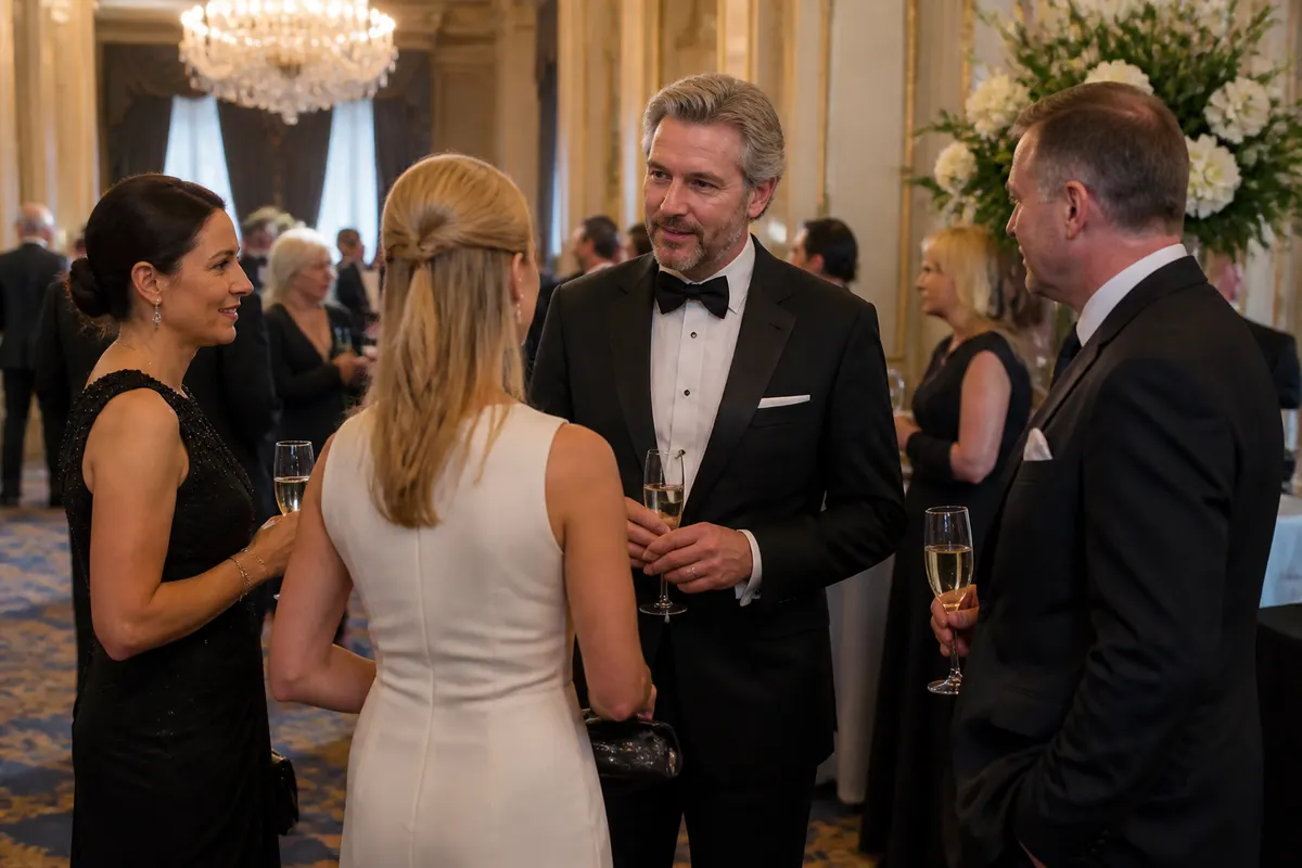 Guests in formal attire networking at a luxury gala event, featuring tailored suits, evening gowns, elegant lighting, and refined event signage in the background
