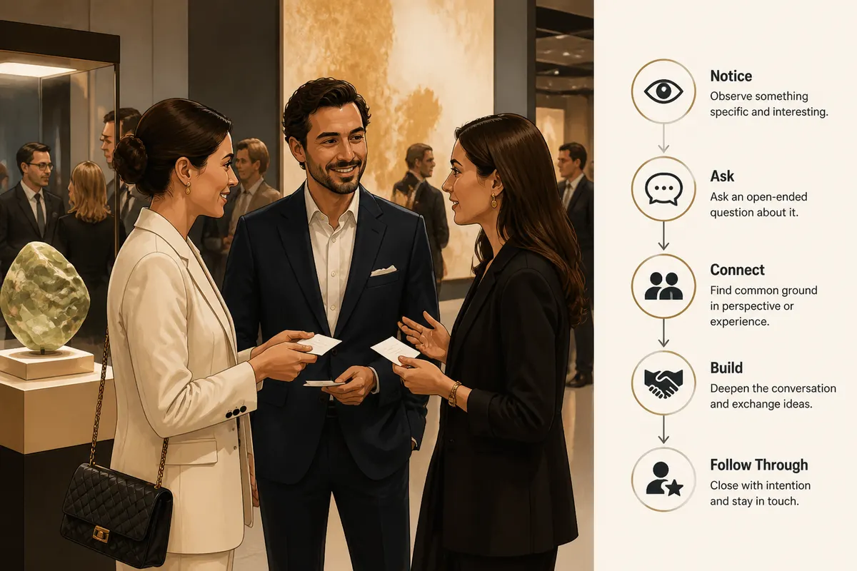 High-end professionals networking at a luxury event, exchanging business cards and conversing in a sleek upscale venue under warm ambient lighting