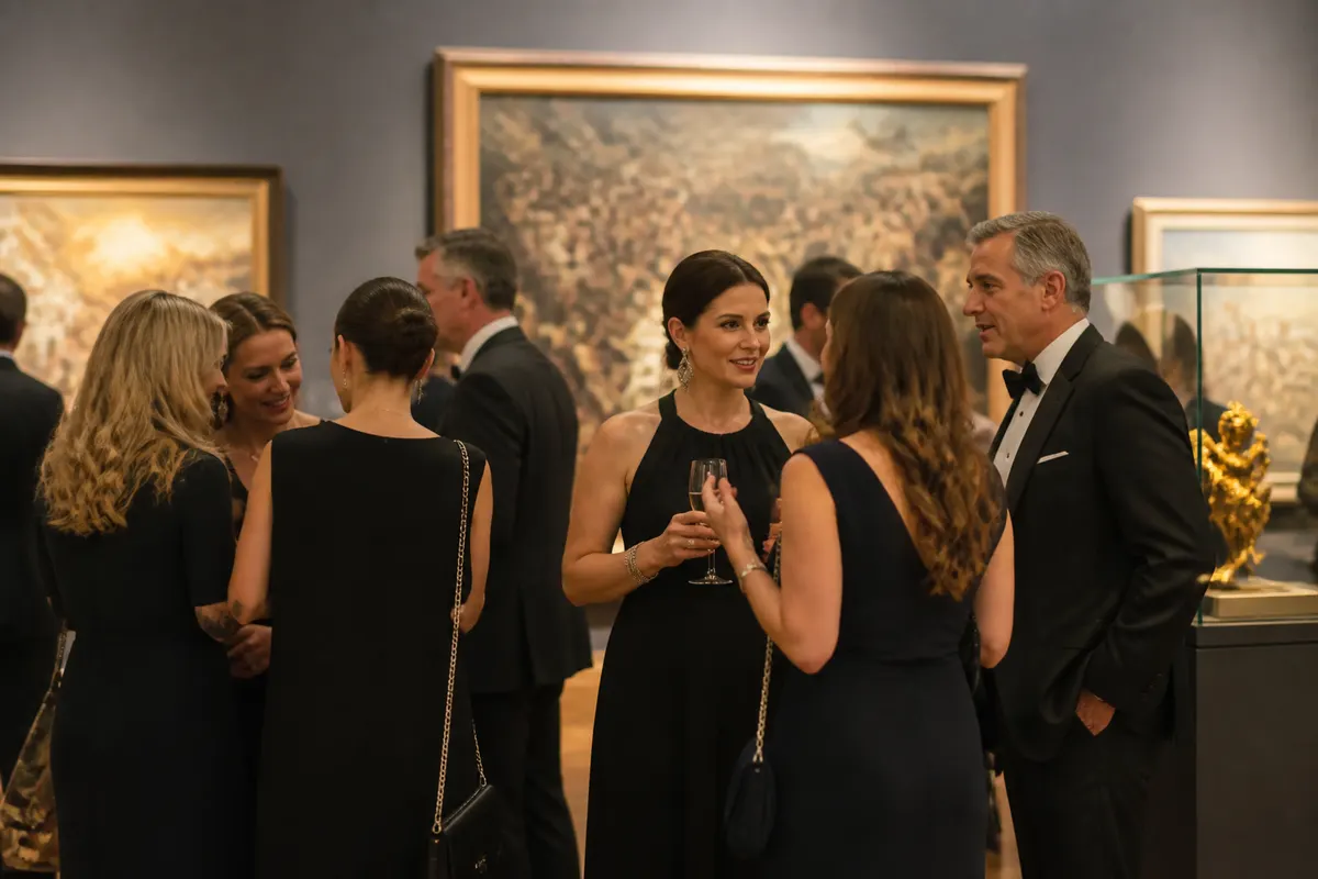 Elegant attendees mingling in formalwear at a high-end exhibition follow-up event inside a luxury art gallery, surrounded by curated artworks and warm ambient lighting with upscale décor