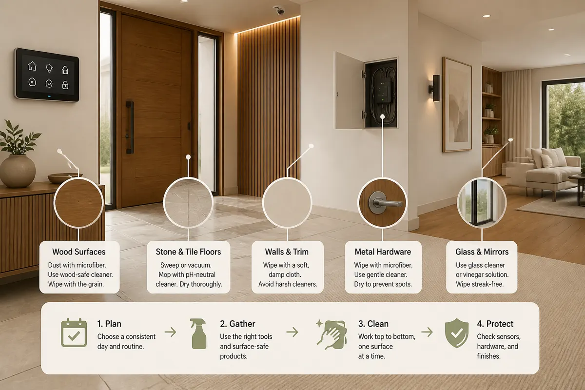 Modern luxury smart home interior in warm natural light featuring a wall-mounted touchscreen control, concealed home automation access panel, and subtle lighting and security indicator elements in an elegant entryway set