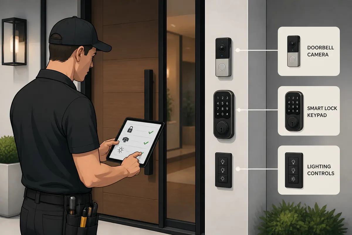 Luxury smart entryway system inspection at a high-end front door with technician using a tablet, showing smart lock keypad, doorbell camera, and lighting controls