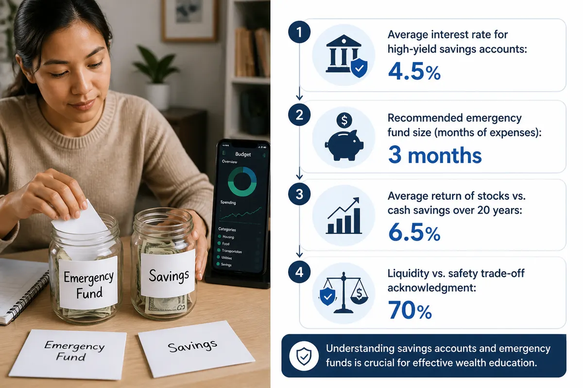Source: bankrate.com. Person organizing labeled savings jars and envelopes marked “Emergency Fund” and “Savings” at a home desk, with a smartphone budgeting app visible in the background