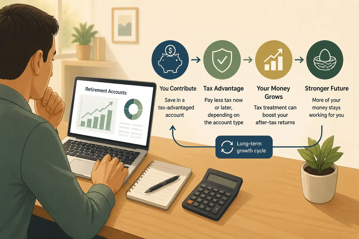 Person reviewing retirement account statements on a laptop at a desk with calculator and small potted plant, warm natural light symbolizing long-term financial growth