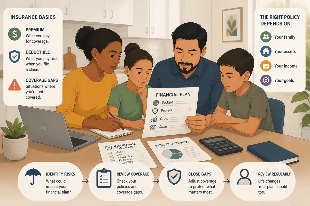 Diverse family reviewing a financial plan at a kitchen table with a laptop, calculator, and budgeting and protection documents, highlighting wealth education, budgeting, and long-term planning
