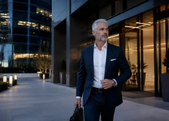 Luxury executive in a tailored suit wearing a polished watch exits a modern high-end office building at dusk, calm and confident with sleek architecture surrounding him in a no-drama lifestyle setting