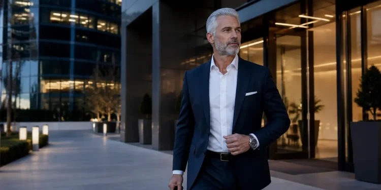 Luxury executive in a tailored suit wearing a polished watch exits a modern high-end office building at dusk, calm and confident with sleek architecture surrounding him in a no-drama lifestyle setting