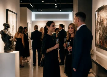 Modern luxury exhibition gallery with elegant guests networking and smiling professionals holding drinks, designer lighting, curated artworks on clean white walls, shallow depth of field