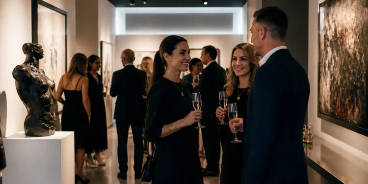 Modern luxury exhibition gallery with elegant guests networking and smiling professionals holding drinks, designer lighting, curated artworks on clean white walls, shallow depth of field
