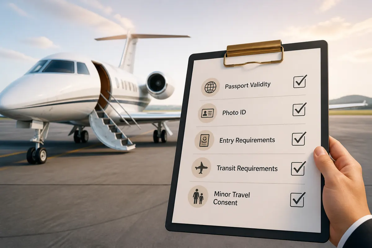 Private jet on airport tarmac with clipboard checklist in foreground symbolizing access and verification process