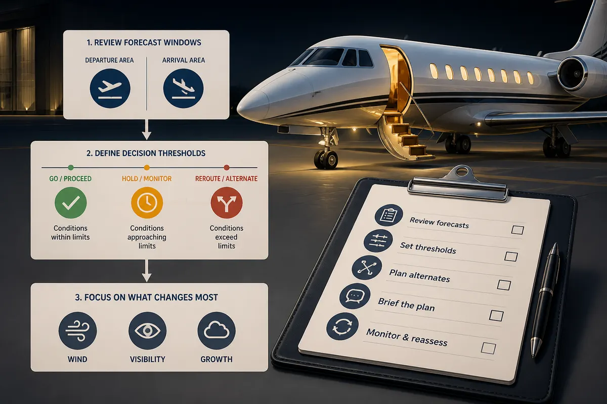 Modern private jet parked on an airport tarmac at night with warm cabin lights, subtle checklist clipboard visible in the foreground for luxury travel planning