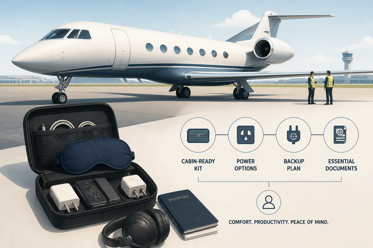 Modern private jet parked on an airport tarmac with the cabin door closed, subtle crew presence in the background and a travel-ready, runway-ready atmosphere
