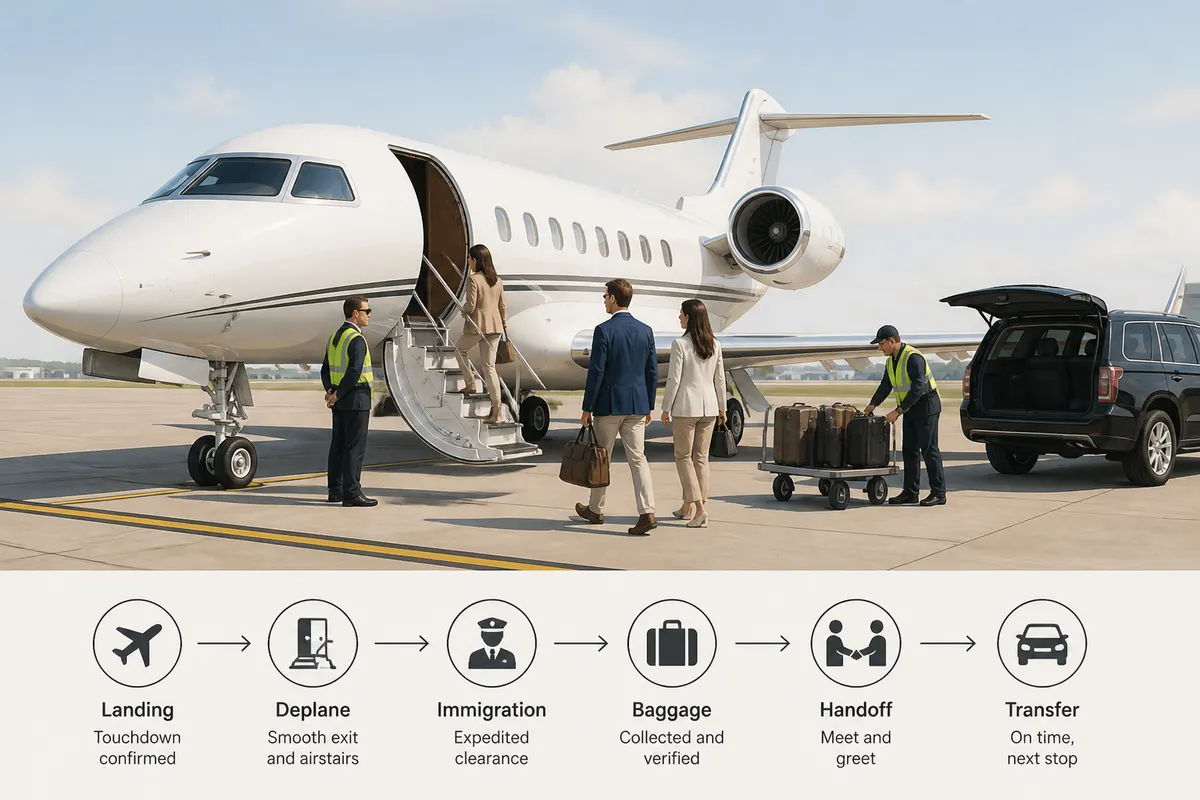 Private jet on the tarmac during ground transition with door open, ground crew and mobile stairs visible as passengers board, featuring clear runway markings and orderly runway access