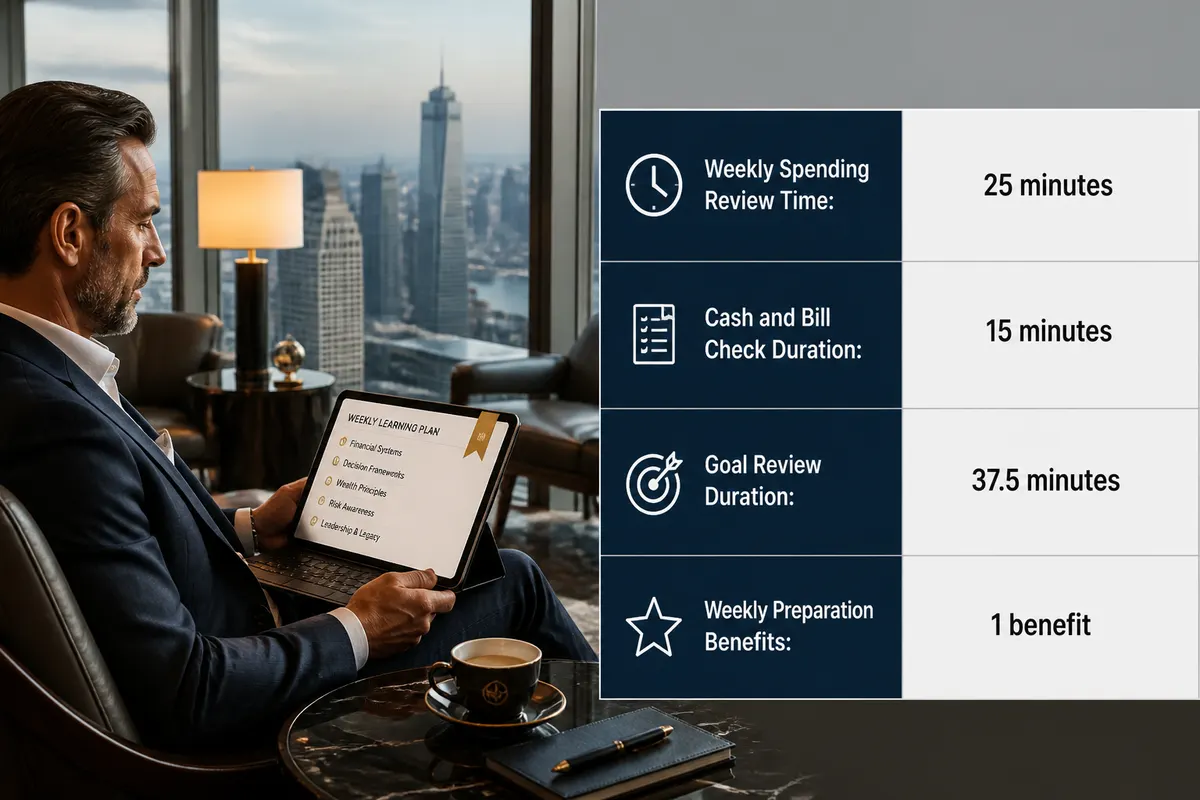 Source: example.com. Luxury executive in a high-end business lounge overlooking a city skyline, holding a tablet with a subtle weekly learning plan and leadership theme, wearing upscale attire