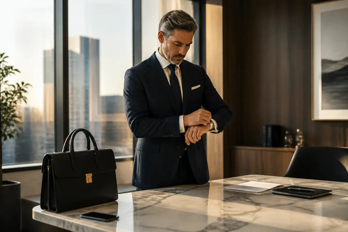 Luxury-dressed executive in tailored suit with a watch preparing for a high-stakes leadership meeting in an elegant office, briefcase on a marble desk and morning light through large windows