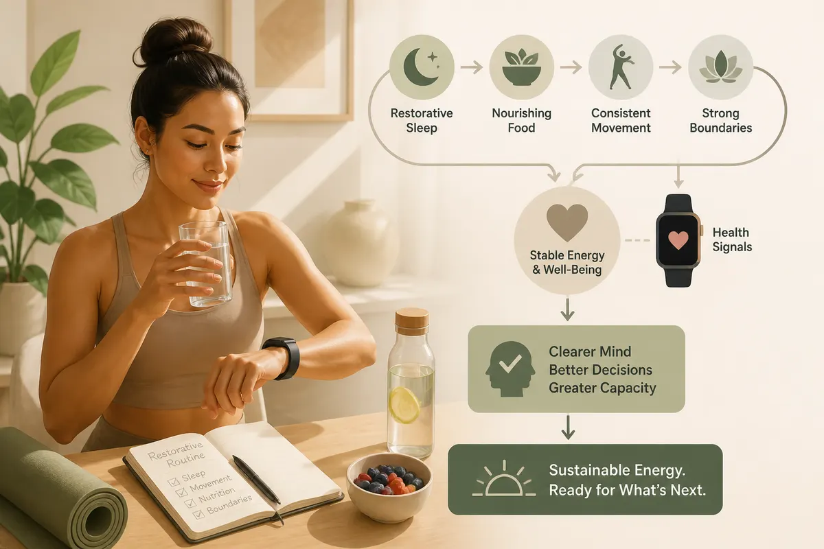 Calm sunlit wellness scene of a person wearing a heart-rate energy health tracker while drinking water and preparing a restorative routine, symbolizing health signal and energy restoration for 2026 readiness