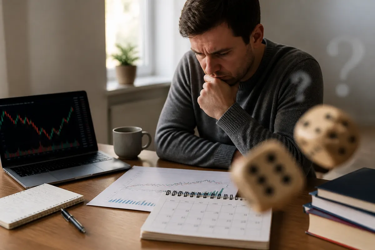 Realistic photo of a person studying financial charts and a calendar at a desk, with subtle blurred dice and floating question marks to suggest uncertainty and luck taking over when money rules are unknown