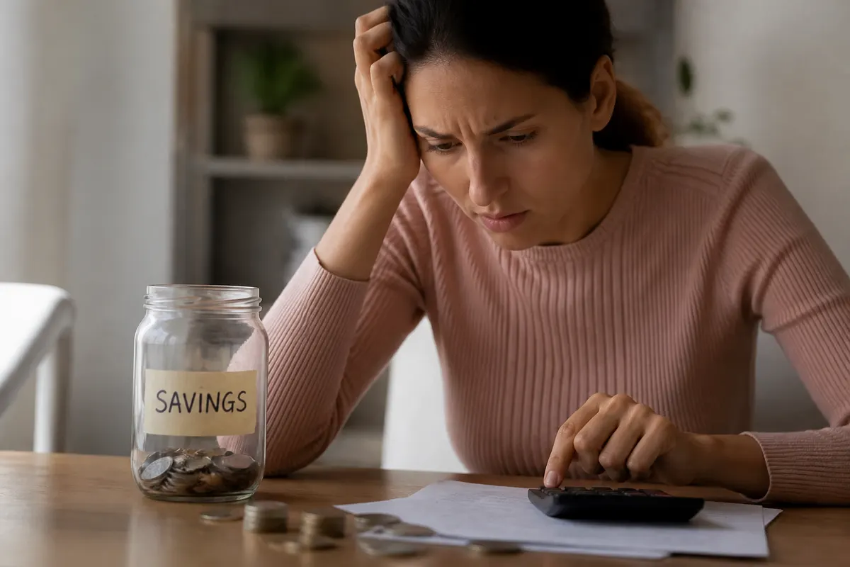 A worried woman calculates finances at a table, with a partially filled 'SAVINGS' jar and scattered coins, showing financial stress.