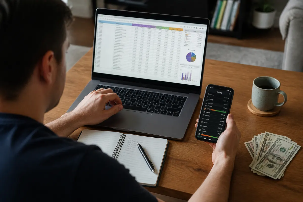 Realistic photo of a person at a desk reviewing a budgeting spreadsheet on a laptop while holding a small stack of cash and checking a smartphone gambling spending tracker, showing money management and gambling control