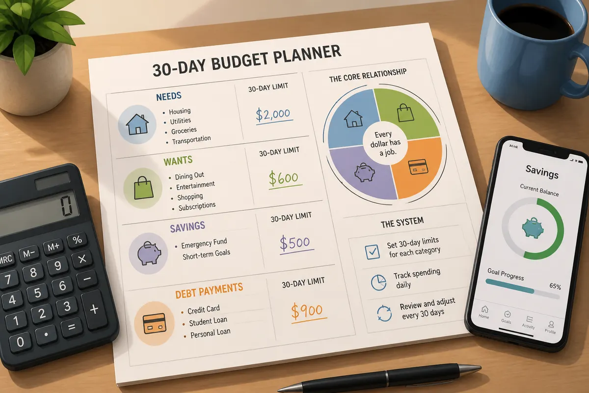 Desk setup with a 30-day budget planner printout, handwritten budget numbers, calculator, and smartphone savings app in natural morning light