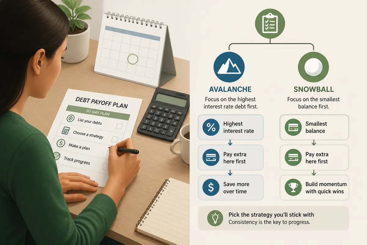 Person filling out a debt payoff plan and budgeting worksheet at a desk with a calendar and calculator nearby, financial freedom planning photo
