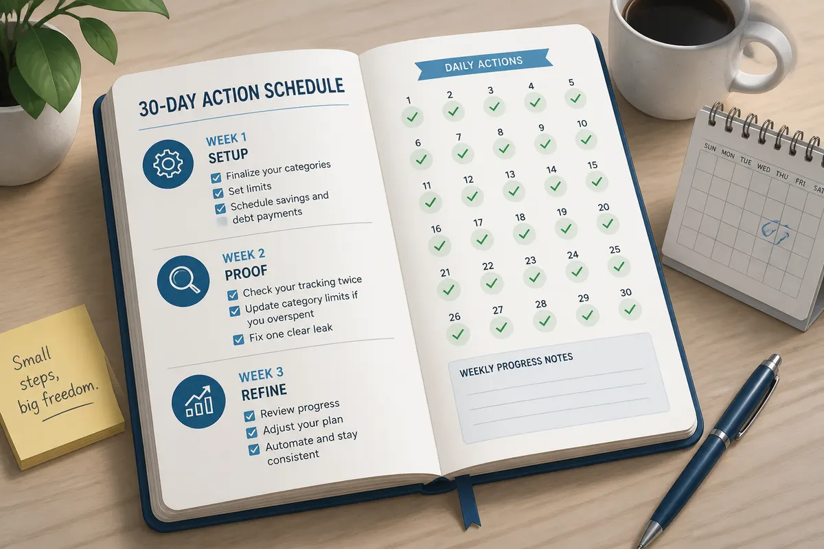 Financial freedom planner open to a 30-day action schedule with checkmarks and progress notes on a desk with a pen and calendar in soft natural light