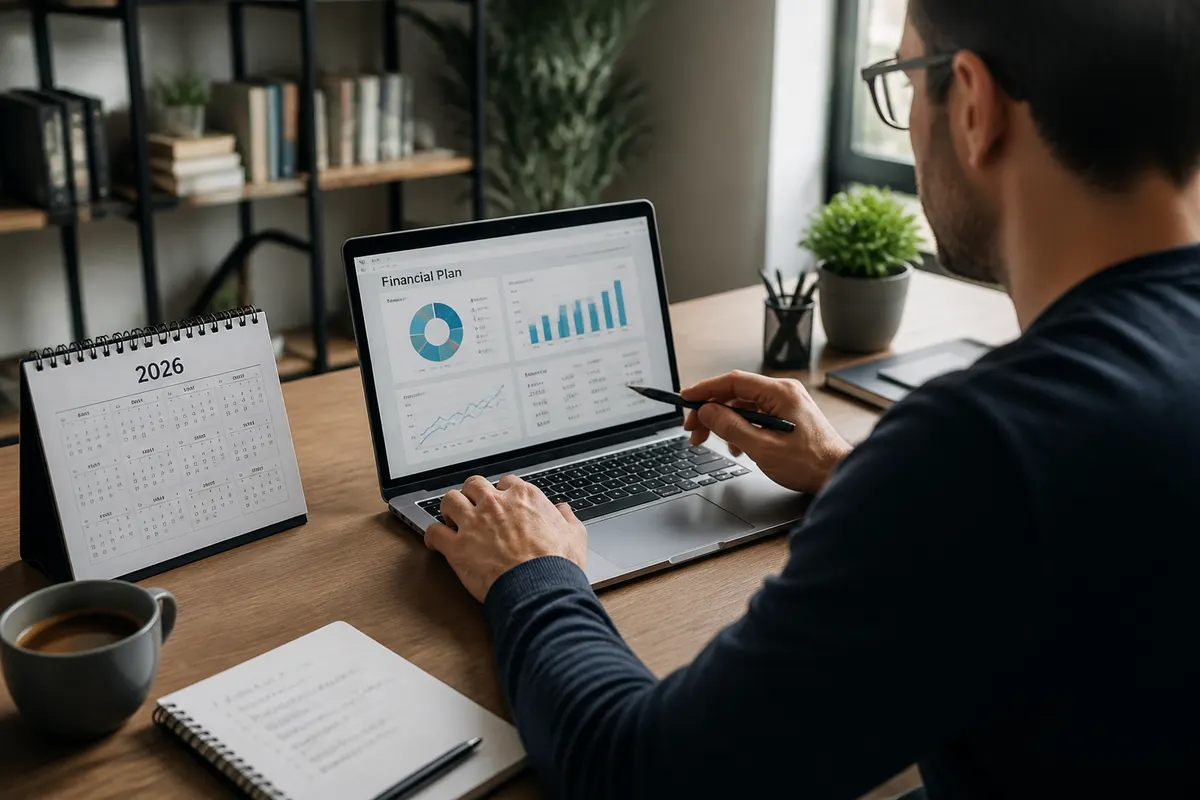 Person reviewing a financial plan on a laptop with charts and a calendar labeled “2026” in a modern home office