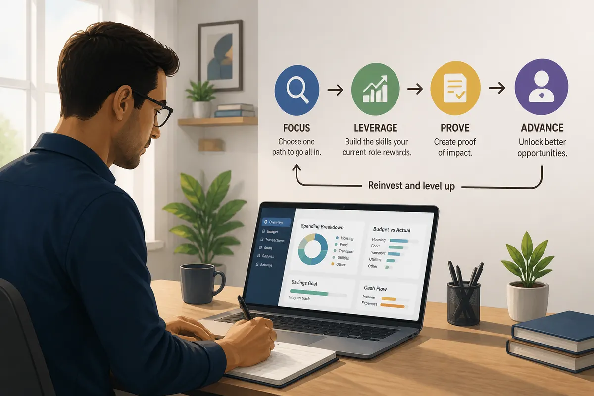 Professional using a laptop to review a personal finance budgeting dashboard in a bright modern home office while taking notes