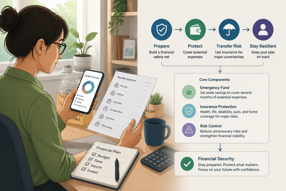 Person in a bright home office reviewing personal finance paperwork and using a smartphone budget app, with an Emergency Fund envelope or jar labeled “Emergency Fund” visible on the desk