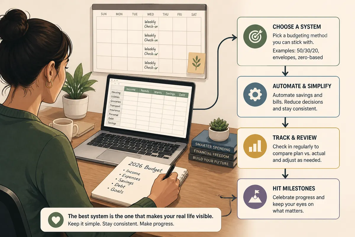 Person at a desk tracking the 2026 budget with a notebook and laptop, showing a spreadsheet and a calendar marked with weekly check-ins