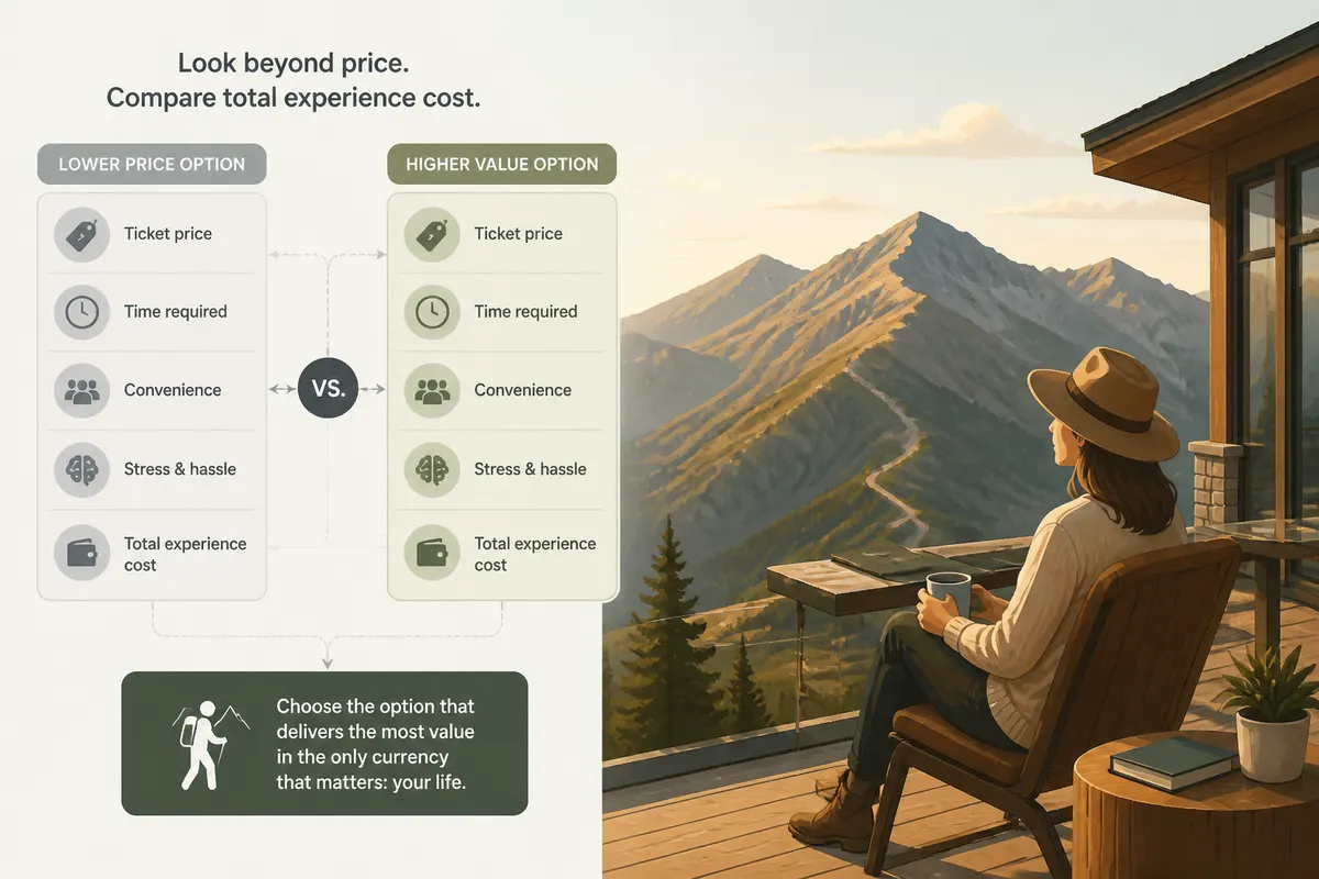 Stylish luxury weekend getaway cabin resort overlooking the rugged mountain ridgeline of the Great Divide at golden hour with upscale travel ambiance
