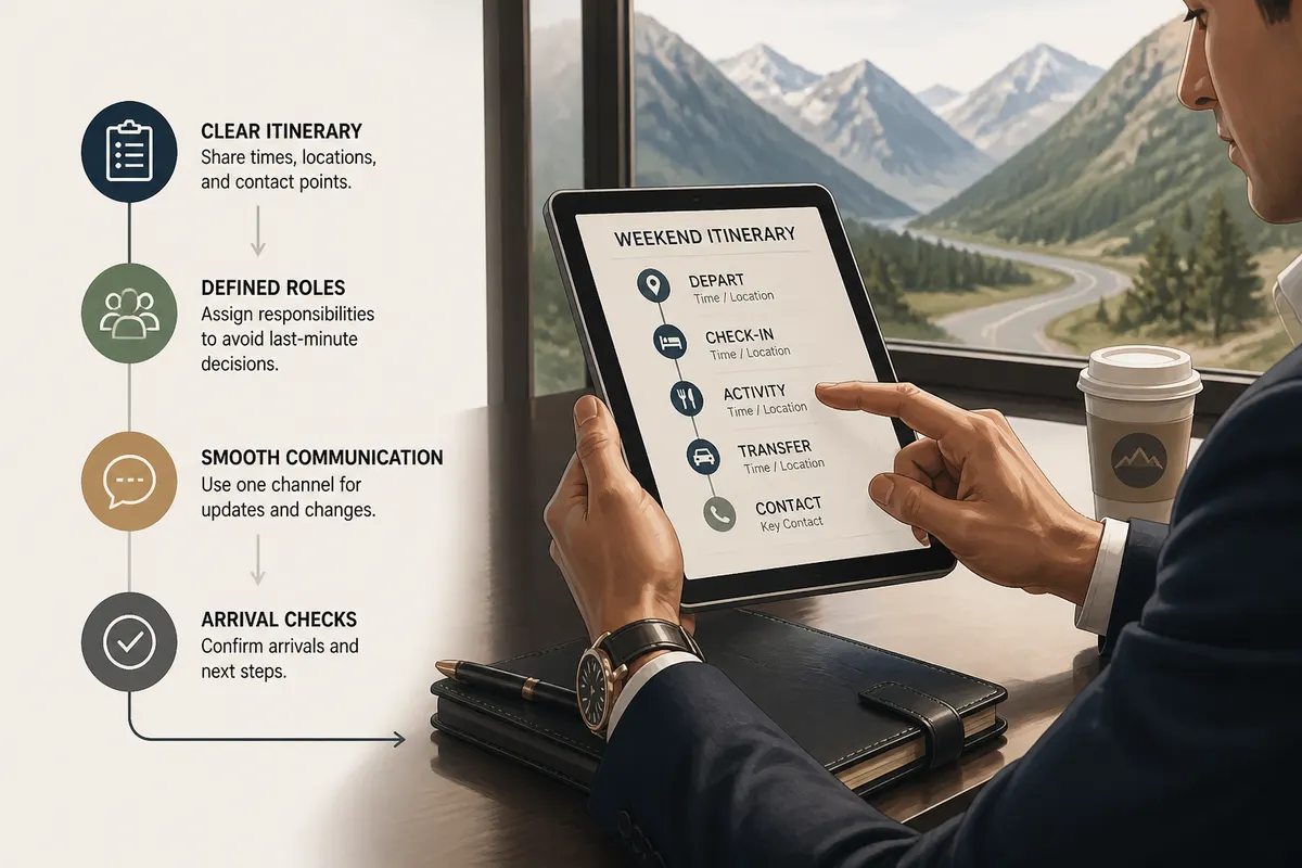 Stylish luxury weekend getaway planning scene with a well-dressed person reviewing a travel itinerary on a tablet, accessorized with a high-end watch, leather planner, and takeaway coffee on a modern desk by a window ove