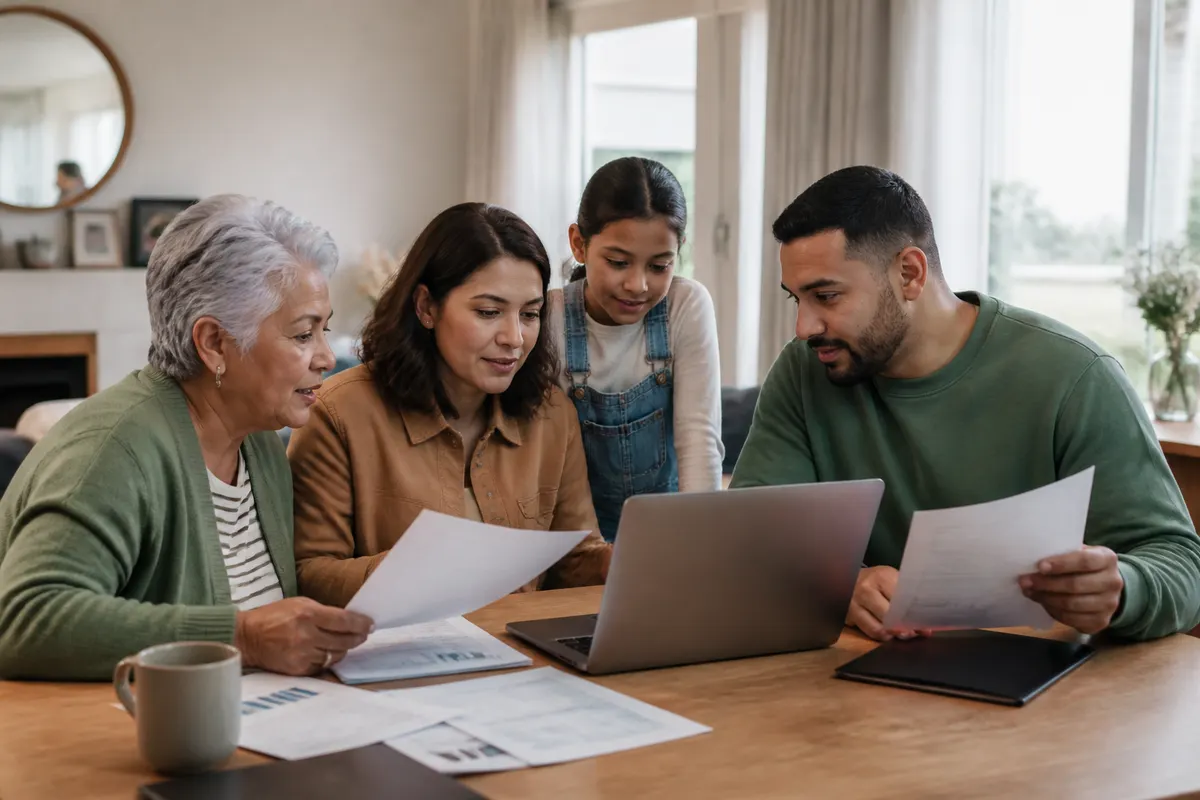 Multi-generational family gathered around a dining table reviewing financial documents and using a laptop, showing long-term wealth planning and repeatable budgeting systems together
