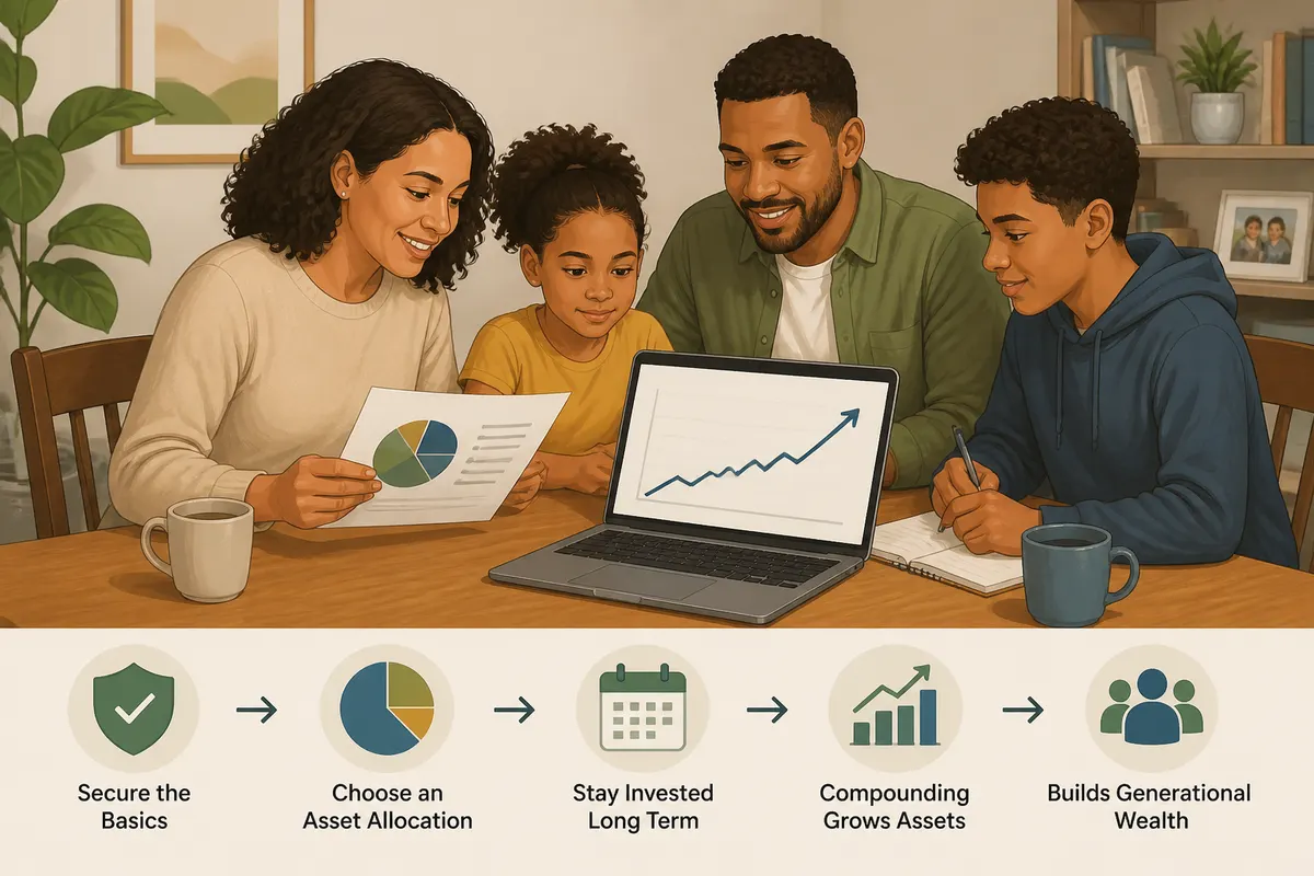 Diverse family reviewing investment statements at a dining table, laptop screen showing an upward long-term stock chart illustrating compounding assets and generational wealth planning