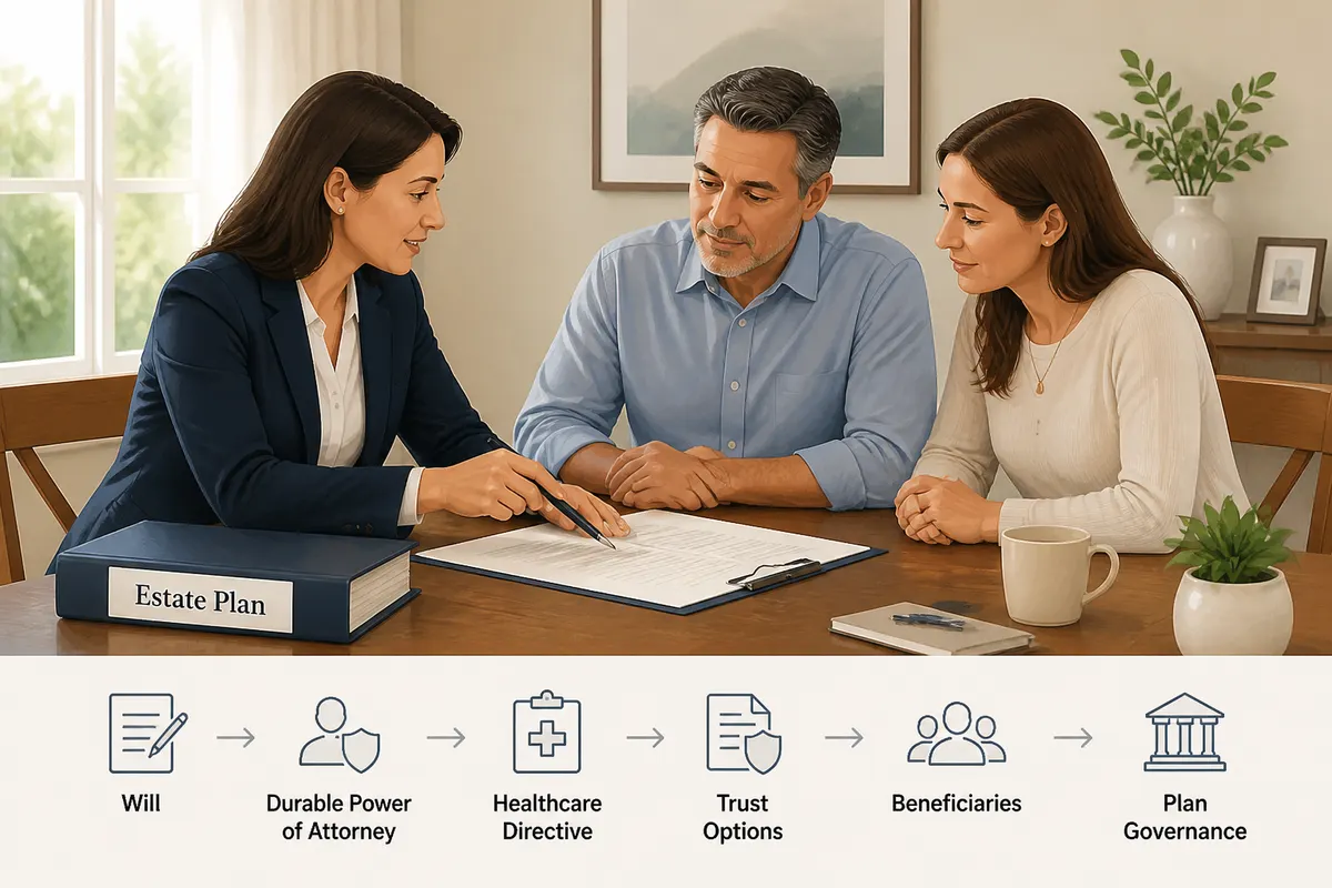 Attorney reviewing estate planning documents with a family at a dining table, with an “Estate Plan” binder and a calm, confidential atmosphere