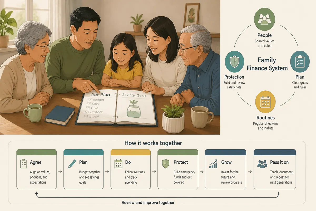 Multi-generational family at a dining table reviewing a shared budget planner and savings goals with warm natural light, documentary-style photograph of parents and grandparents planning generational wealth