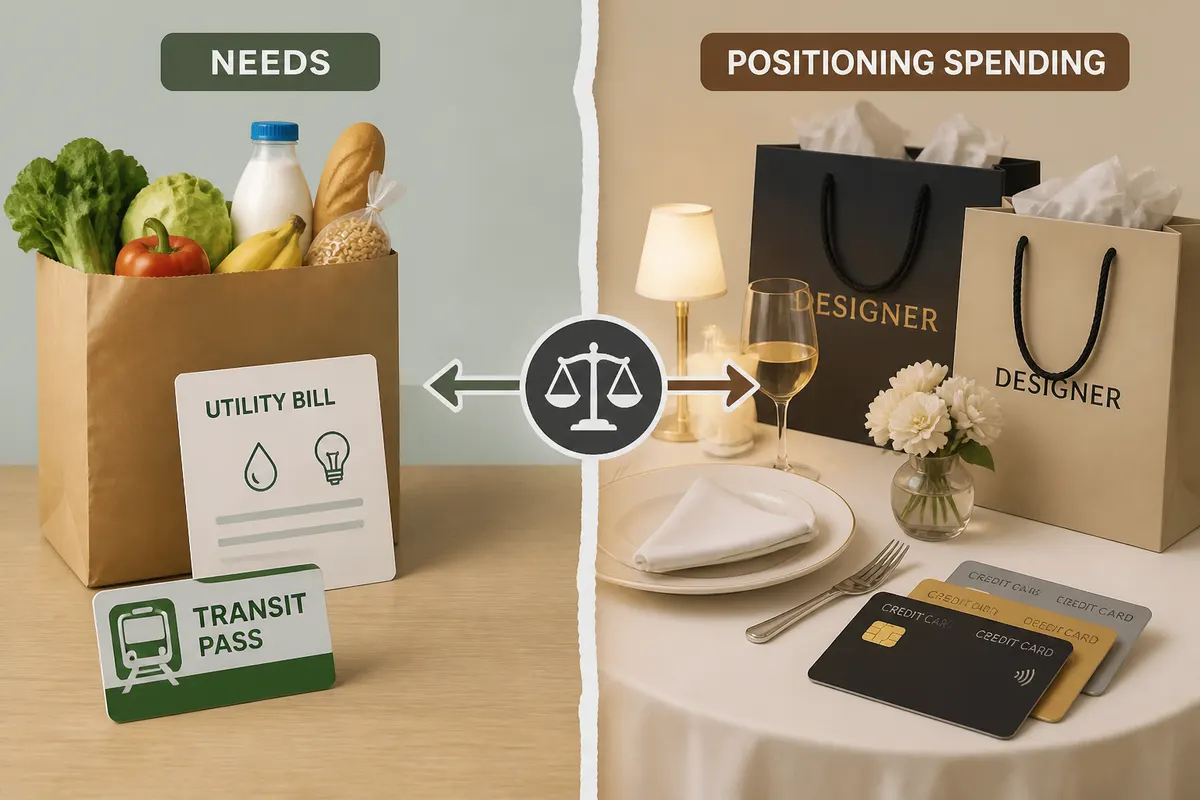 Split-screen photograph contrasting everyday essentials like groceries, utility bills, and a transit pass with luxury spending such as designer shopping bags, an upscale restaurant setting, and credit cards - visual metaph