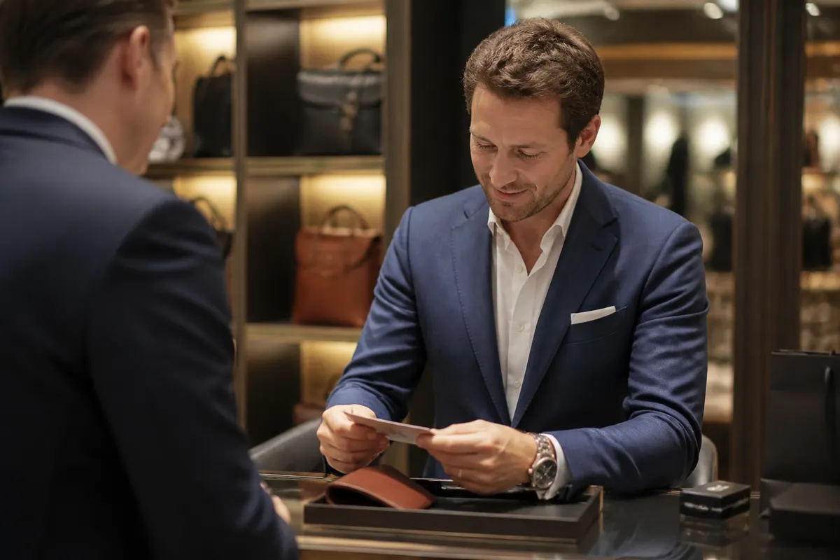 Luxury lifestyle scene of a well-dressed shopper reviewing a high-end product with a premium concierge desk and credit card receipt, illustrating value-focused affluent spending and buying freedom