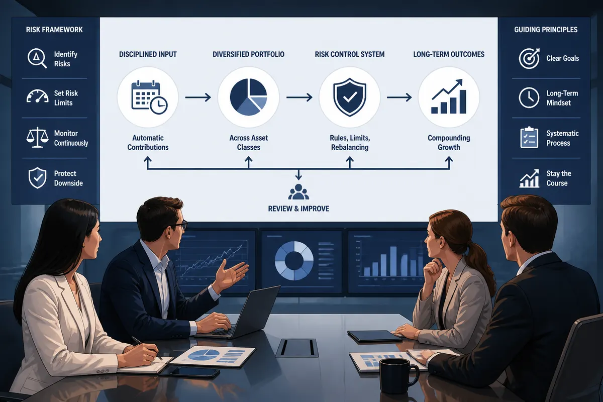 Affluent professionals in a modern boardroom reviewing financial charts and business dashboards on large screens, illustrating how wealthy teams build structured financial systems