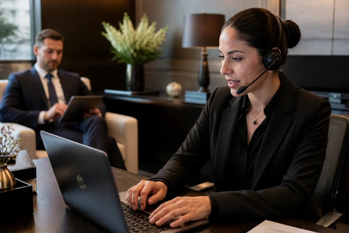 Luxury concierge operations staff member in a high-end office coordinating client services via headset, with a wealthy client in the background reviewing a car service schedule on a tablet