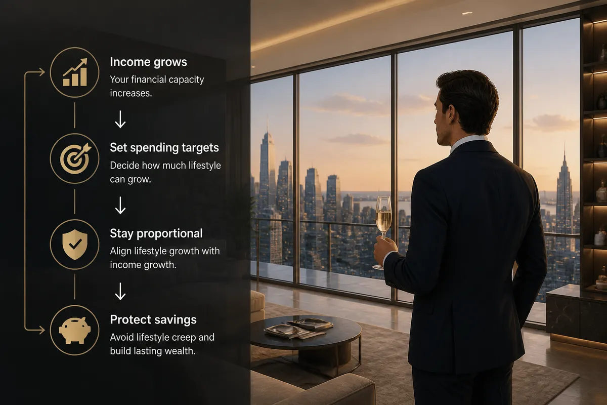 Luxury penthouse interior with panoramic city view, featuring a person in formal attire holding a glass of champagne in an upscale, wealth-evoking lifestyle scene