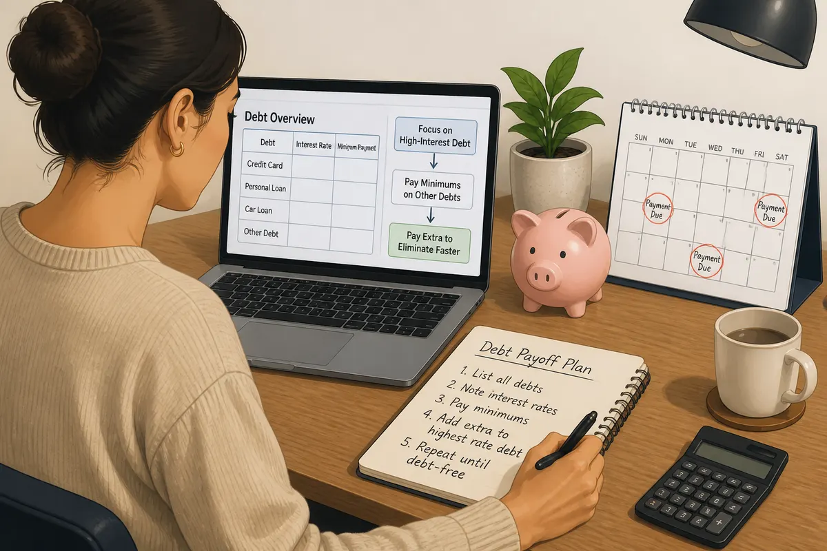 Person reviewing a budget on a laptop and writing debt payoff numbers on a notepad at a home desk with a piggy bank and a calendar marked with payment dates
