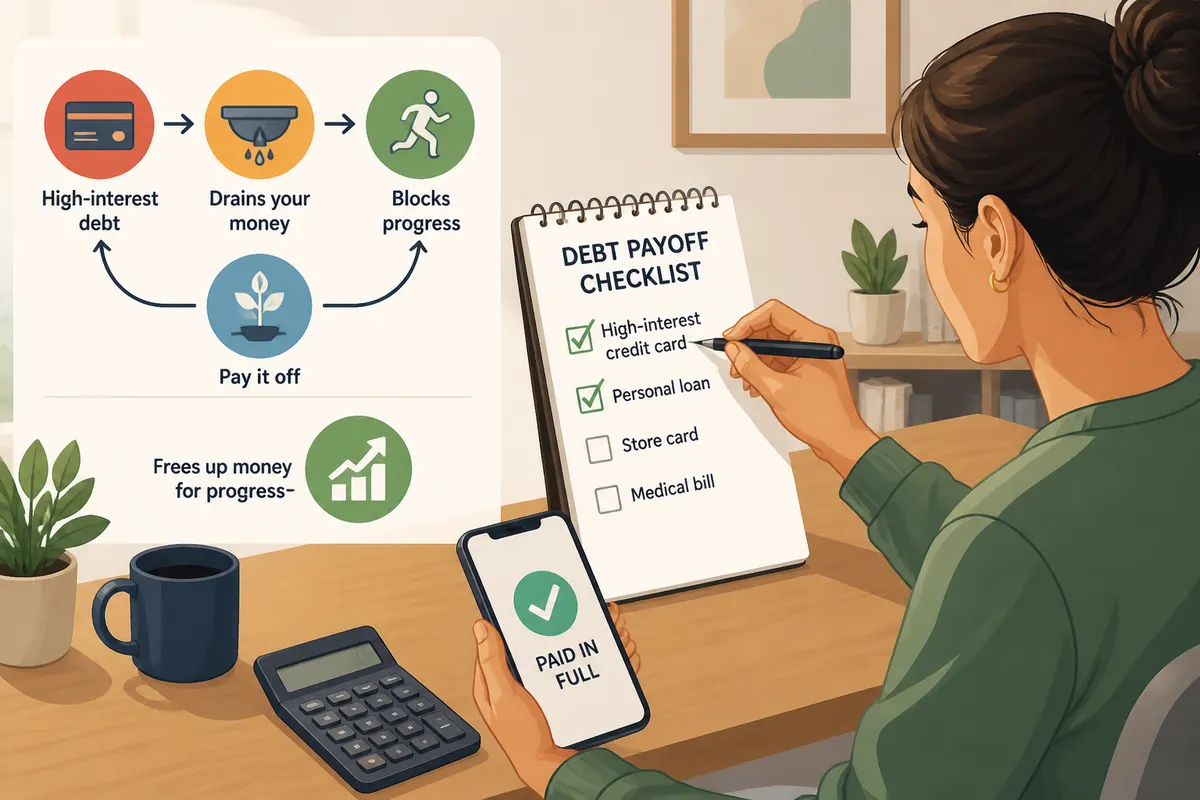 Person at a home desk crossing off a debt payoff checklist while using a calculator and viewing a phone confirmation marked “paid in full”