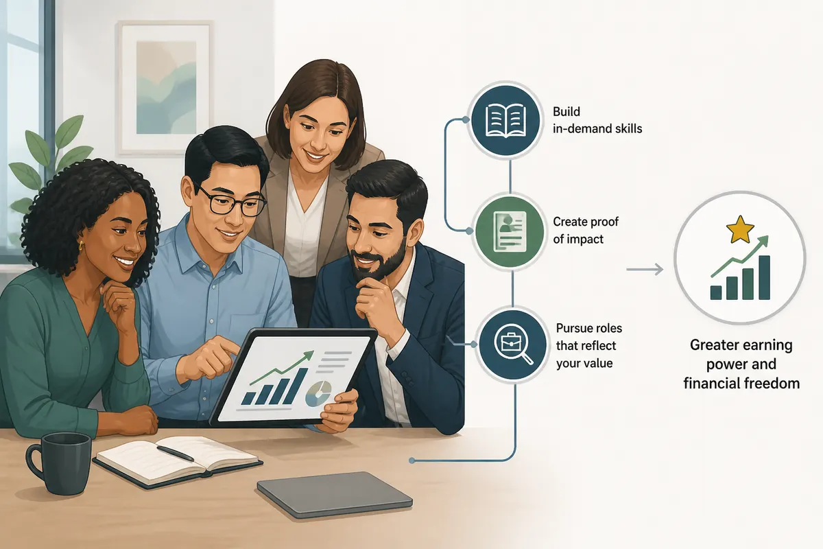 Diverse professional team reviewing a growth-focused financial dashboard on a tablet in a modern office, symbolizing increased earning power and financial freedom