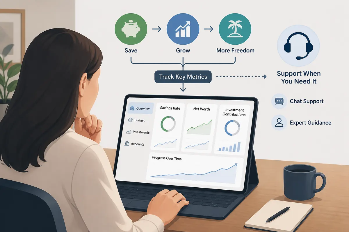 Person using a laptop or tablet to review a financial dashboard and budget app with visible progress charts, featuring a background overlay of customer support icons like headset and chat symbolizing measurable progress