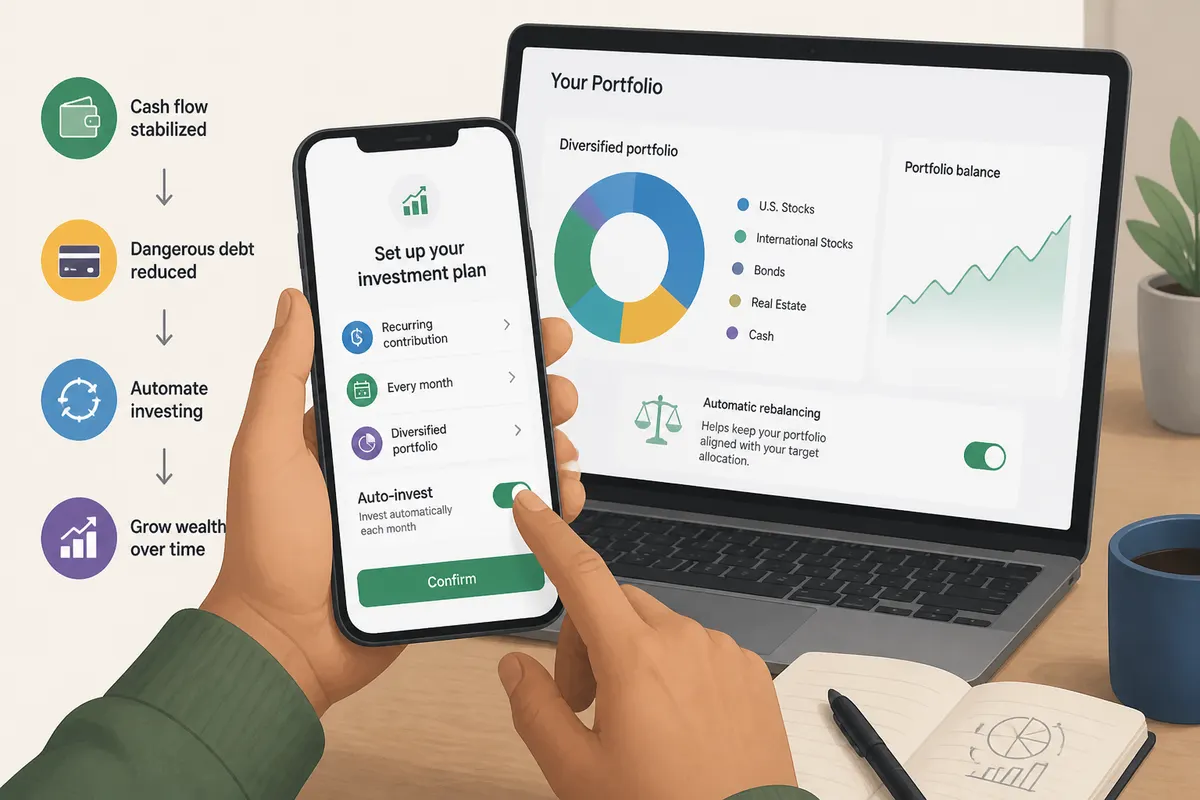 Person setting up an investment app on a smartphone with auto-invest enabled, with a diversified portfolio dashboard shown on a laptop screen in the background