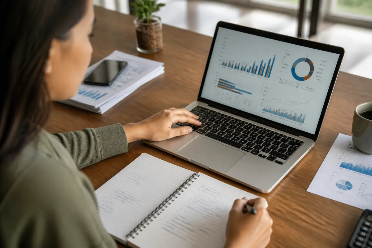 Person planning a personalized income and wealth-building strategy using a laptop and notebook, with subtle budgeting spreadsheets and a financial chart background